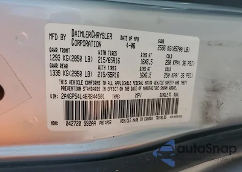 2006 Chrysler Town & Country Touring из США, поврежденный, VIN 2A4GP54L46R844501